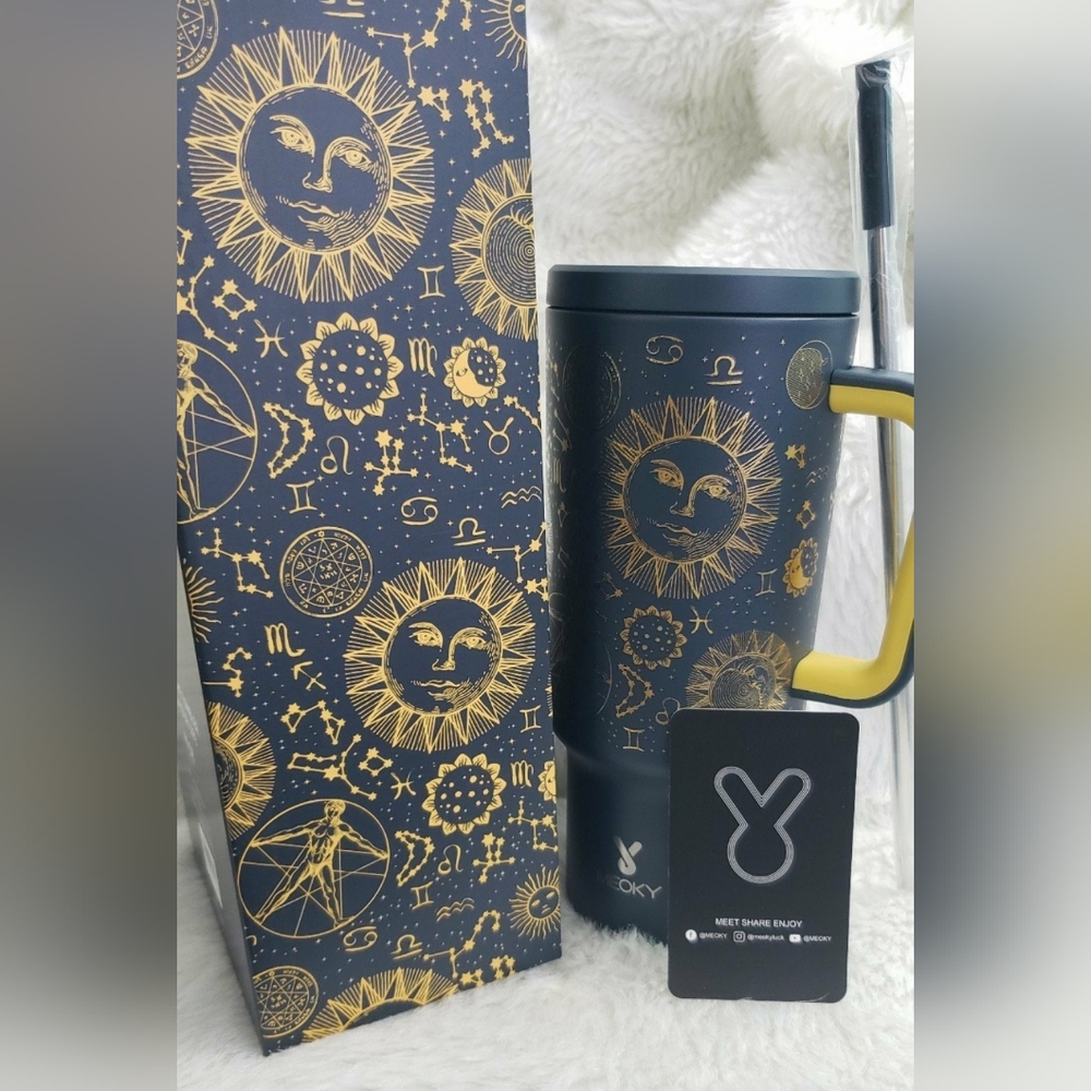 Meoky - 40oz Gray and Gold Astrology Tumbler with Handle and Straw Set